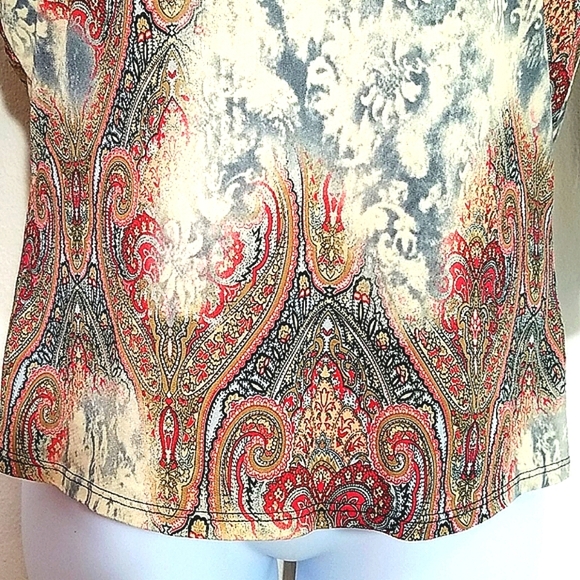 Top short sleeves stretchy paisley scroll print pullover brown cream red - Picture 4 of 7